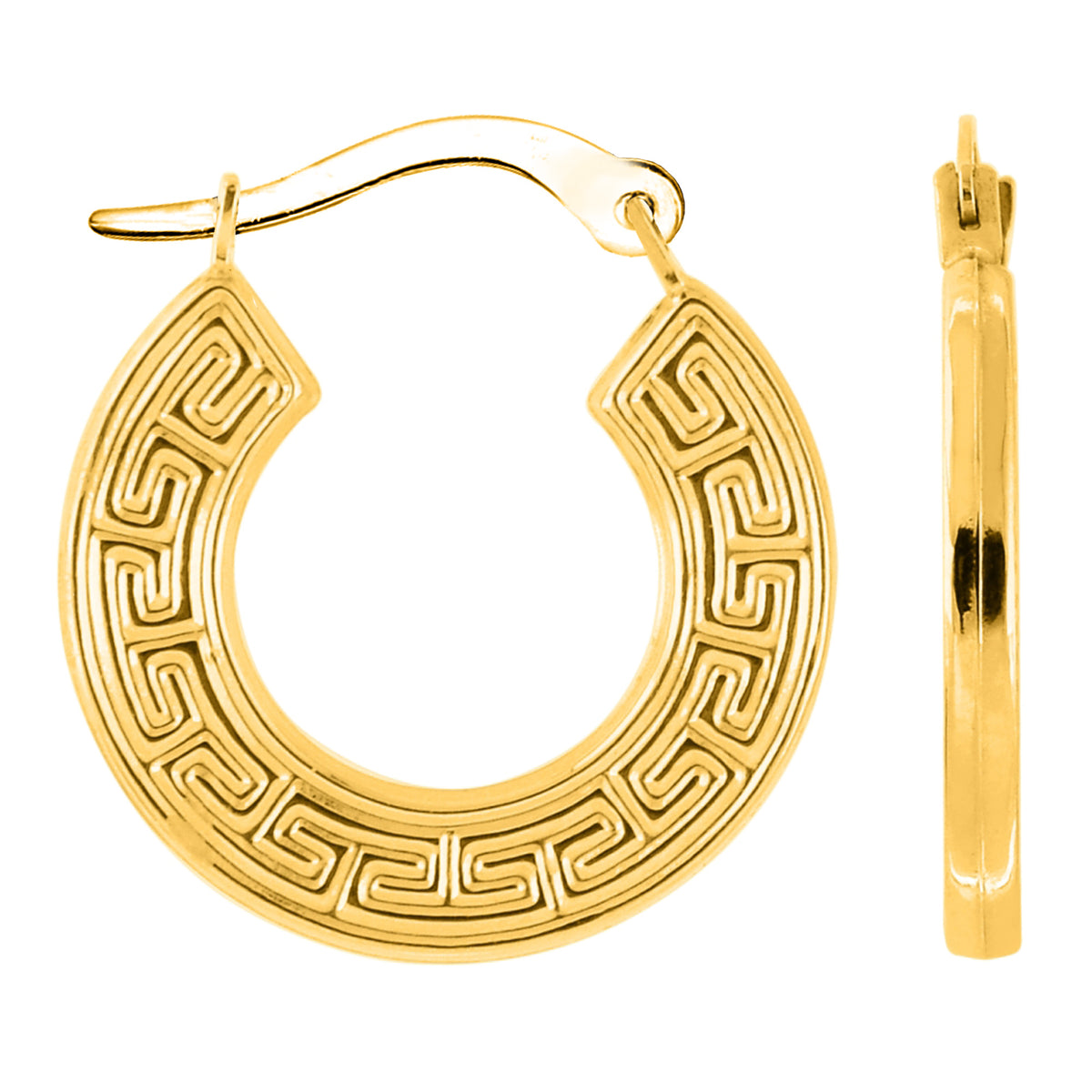14K Yellow Gold Round Greek Key Hoop Earrings, Diameter 15mm fine designer jewelry for men and women