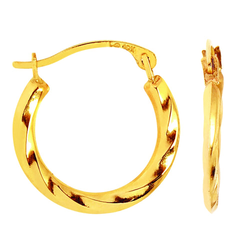 10k Yellow Gold Twisted Hoop Earrings, Diameter 15mm