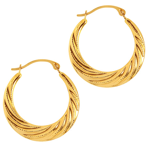10k Yellow Gold Swirl Textured Graduated Round Hoop Earrings, Diameter 20mm