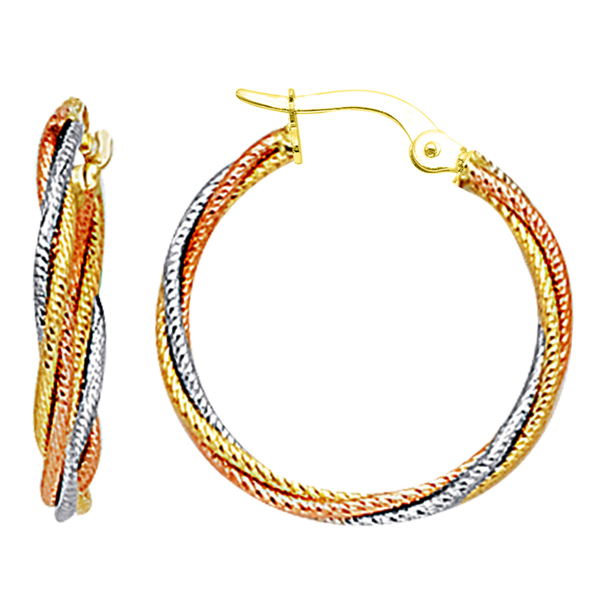 14K 3 Tone Rose Yellow And White Gold Round Braided Tube Hoop Earrings, Diameter 22mm fine designer jewelry for men and women