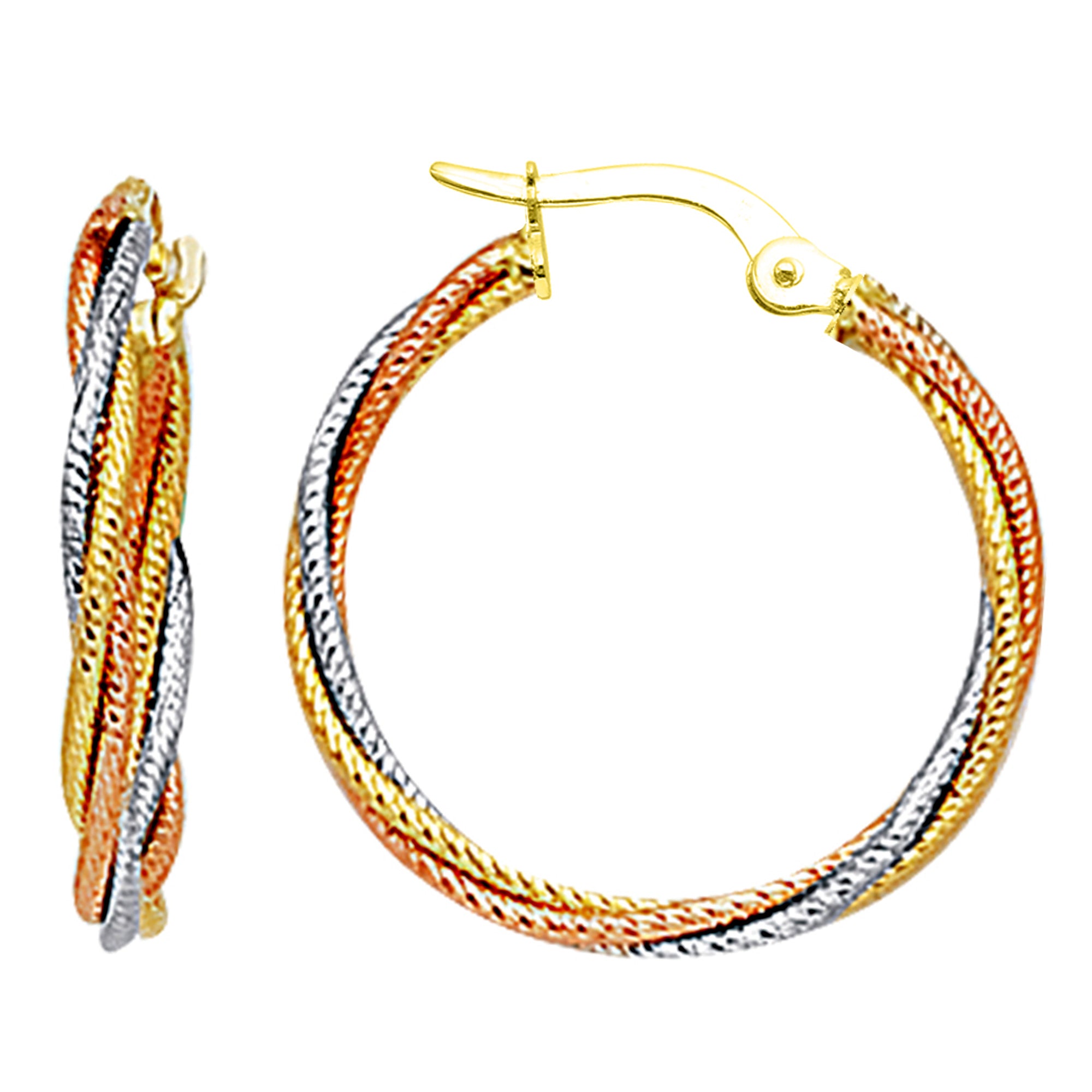 10k 3 Tone White, Yellow And Rose Gold Triple Braided Cables Round Hoop Earrings, Diameter 23mm fine designer jewelry for men and women