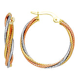 10k 3 Tone White, Yellow And Rose Gold Triple Braided Cables Round Hoop Earrings, Diameter 23mm