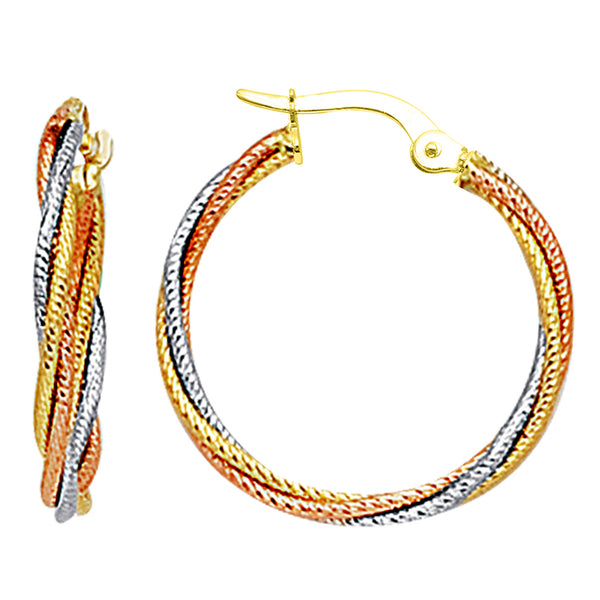 10k 3 Tone White, Yellow And Rose Gold Triple Braided Cables Round Hoop Earrings, Diameter 23mm