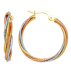 14K 3 Tone Rose Yellow And White Gold Round Braided Tube Hoop Earrings, Diameter 22mm fine designer jewelry for men and women