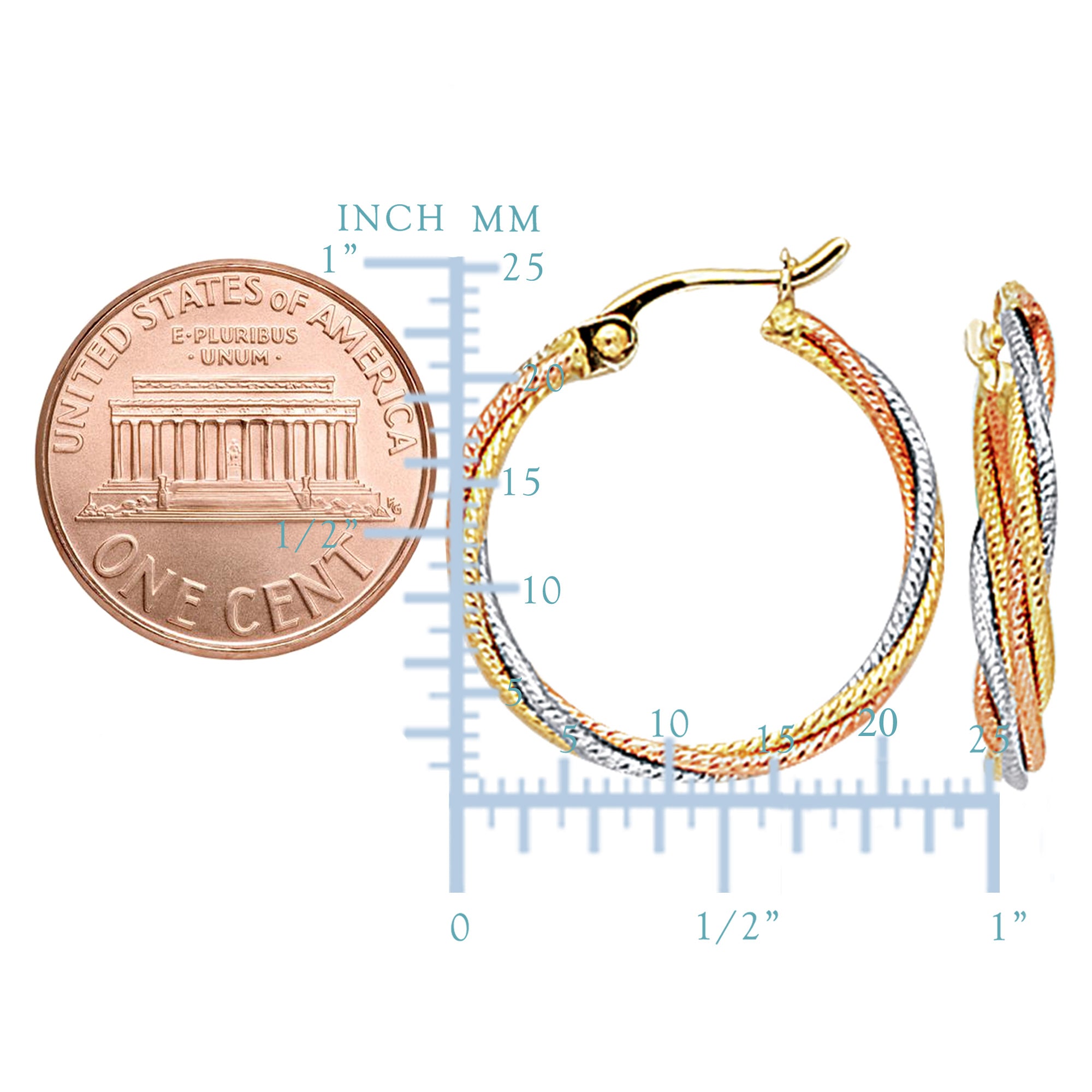 10k 3 Tone White, Yellow and Rose Gold Triple Braided Cables Rund Hoop Örhängen, Diameter 23 mm fina designersmycken för män och kvinnor