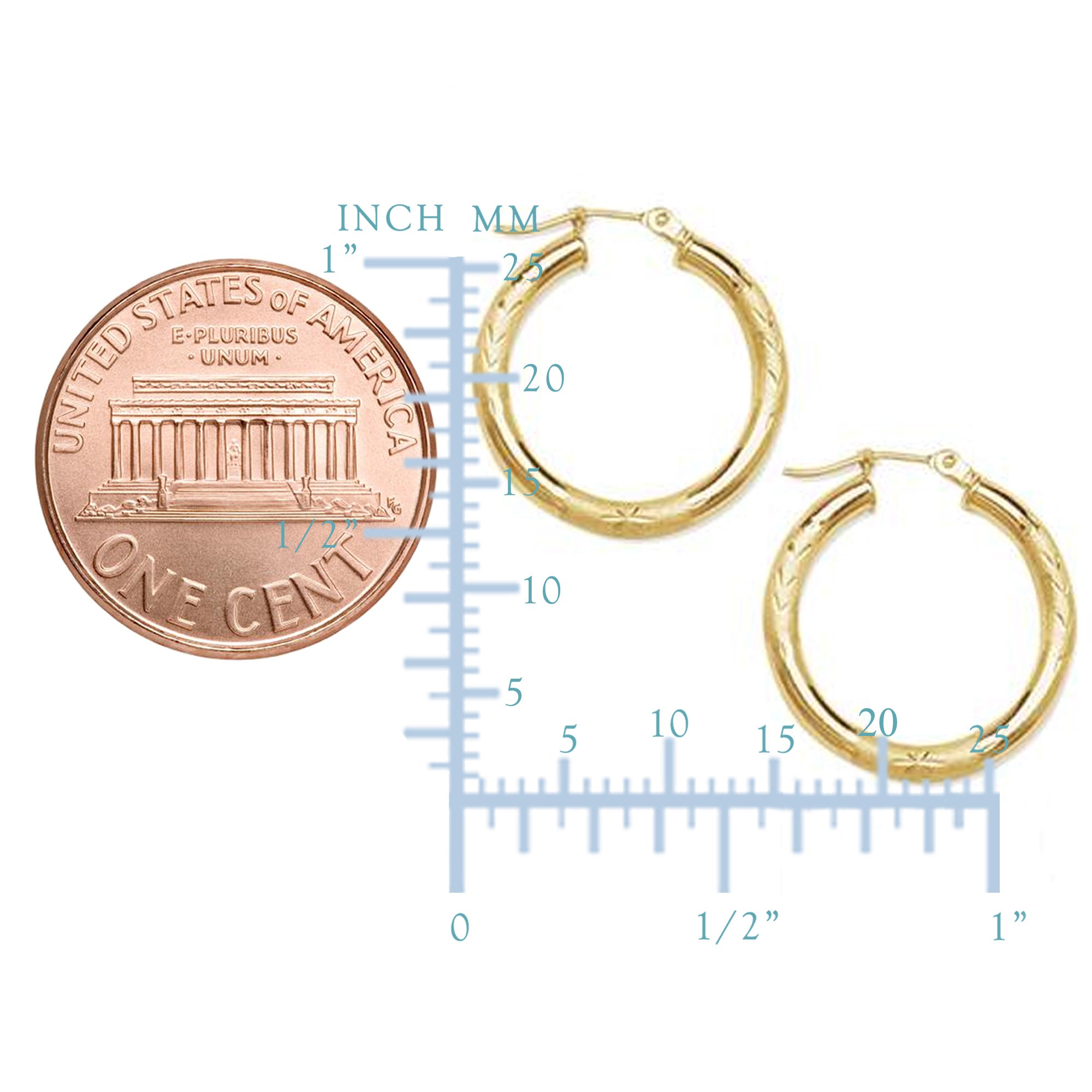 10k Yellow Gold Diamond Cut Design Round Shape Hoop Earrings, Diameter 15mm