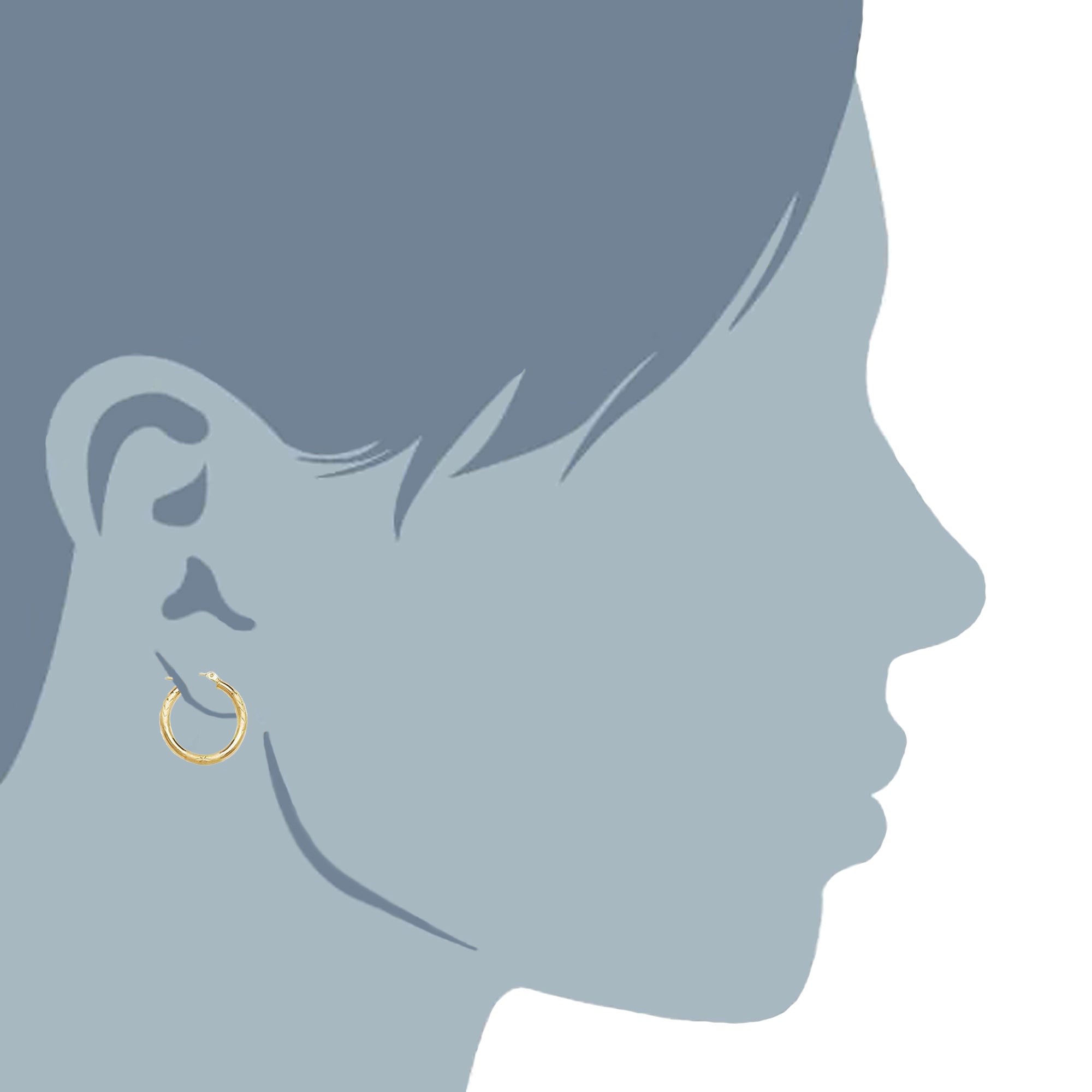 10k Yellow Gold Diamond Cut Design Round Shape Hoop Earrings, Diameter 15mm