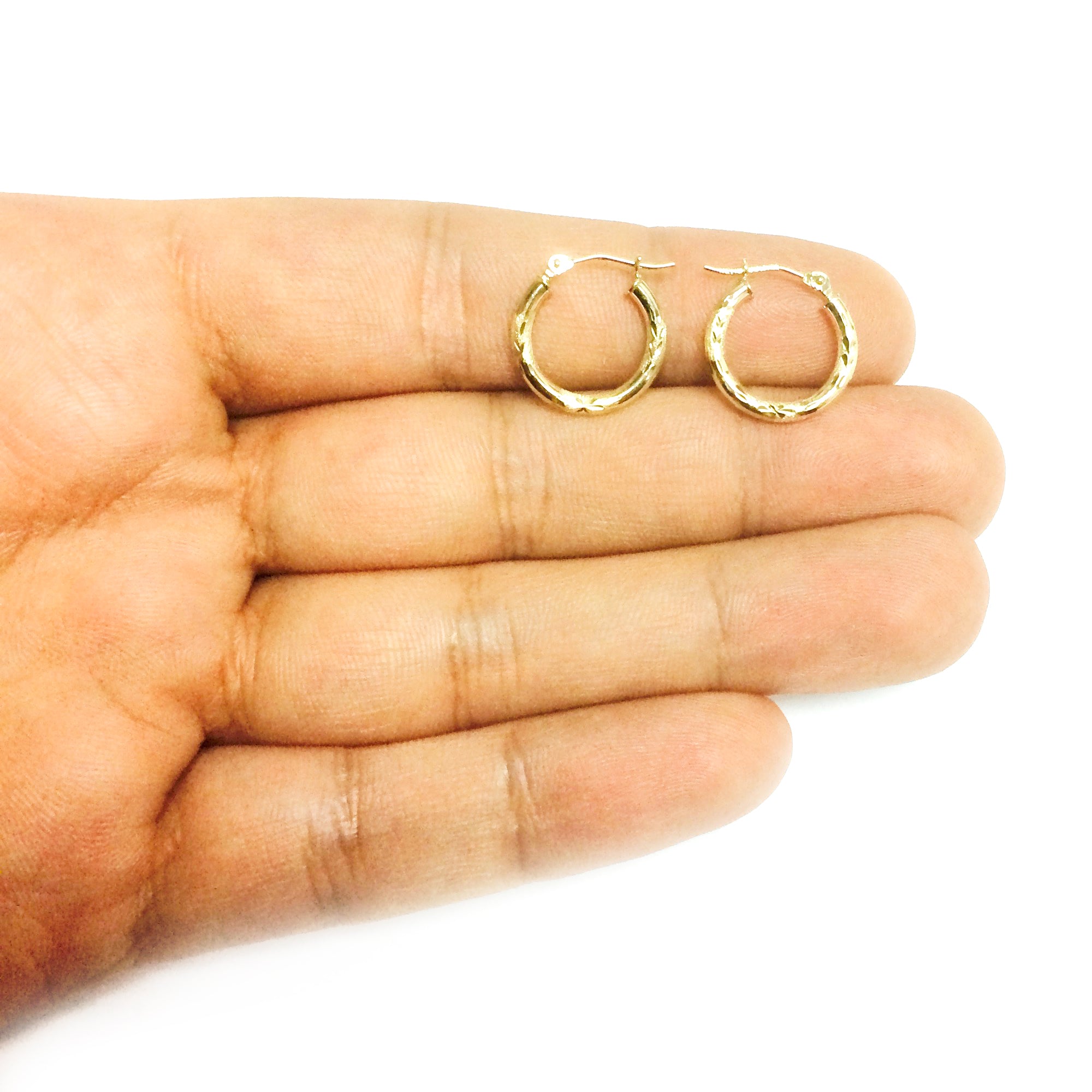 10 k gul guld diamantskårne design rund form bøjle øreringe, diameter 15 mm fine designer smykker til mænd og kvinder