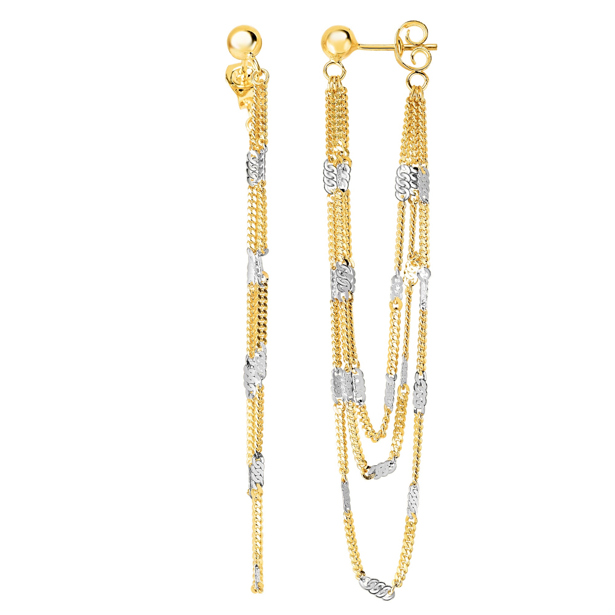 14K Yellow And White Gold Multi Stranded Fancy Chain Front And Back Style Drop Earrings fine designer jewelry for men and women