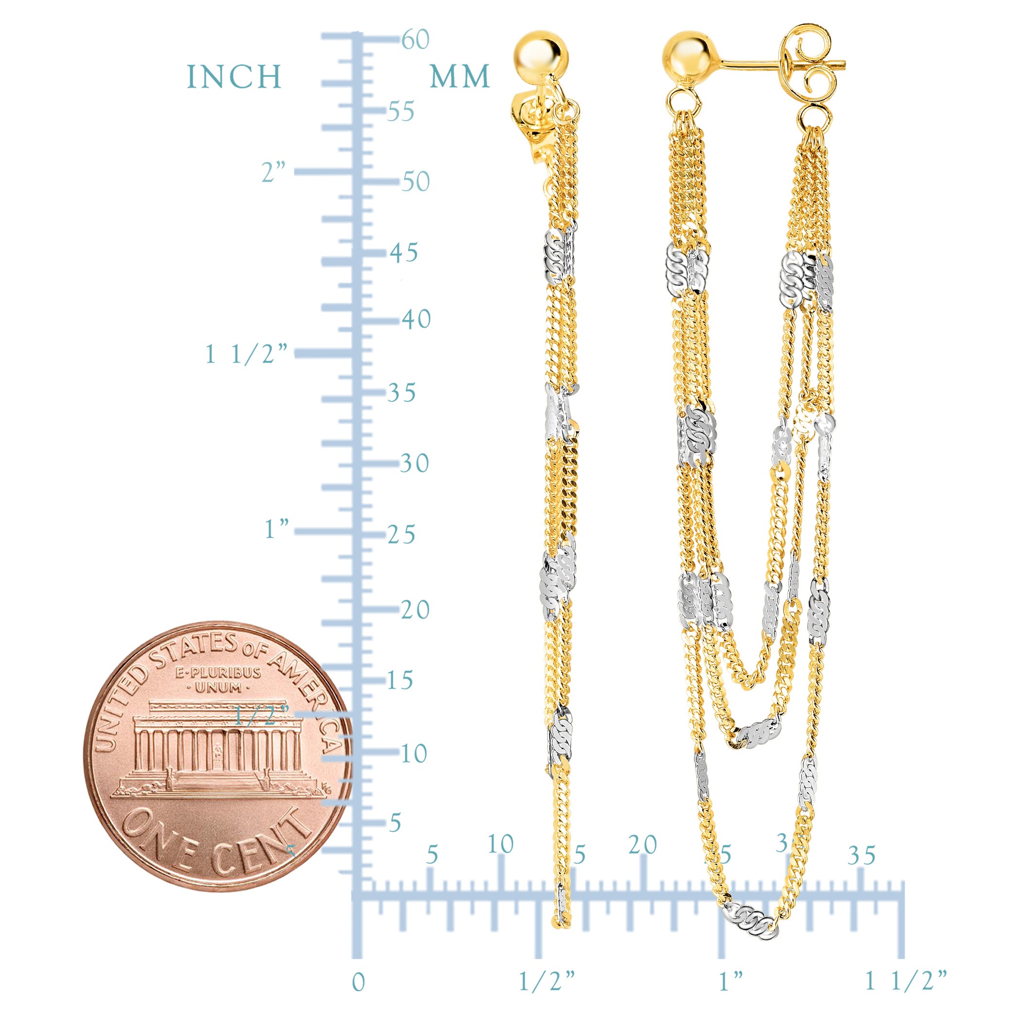 14K Yellow And White Gold Multi Stranded Fancy Chain Front And Back Style Drop Earrings fine designer jewelry for men and women