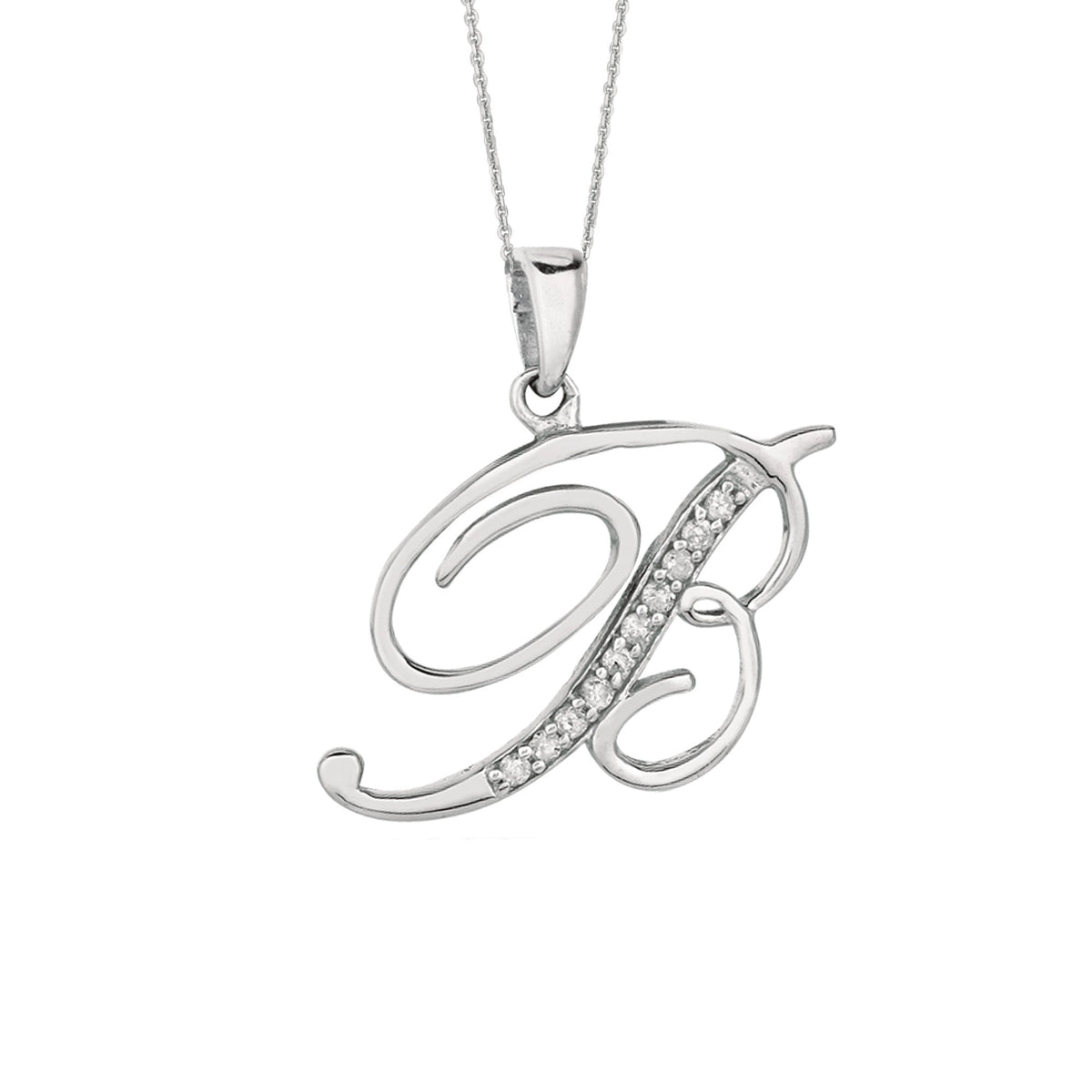 "B" Sterling Silver Rhodium Plated Script Initial Letter With Diamonds On 18 Inch Chain ( 0.05 Tcw)