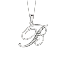 "B" Sterling Silver Rhodium Plated Script Initial Letter With Diamonds On 18 Inch Chain ( 0.05 Tcw)