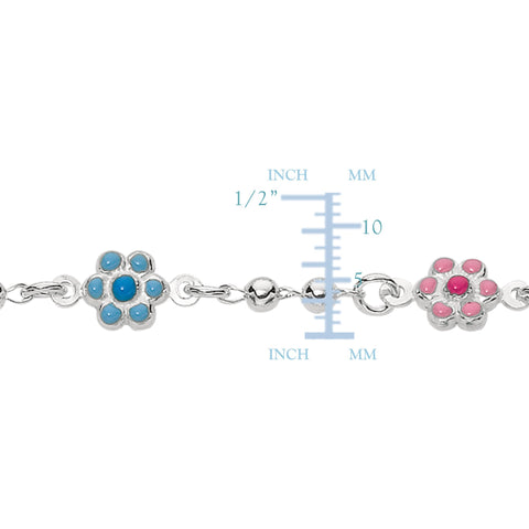 Baby Bracelet With Enameled Flower Charms In Sterling Silver - 6 Inches
