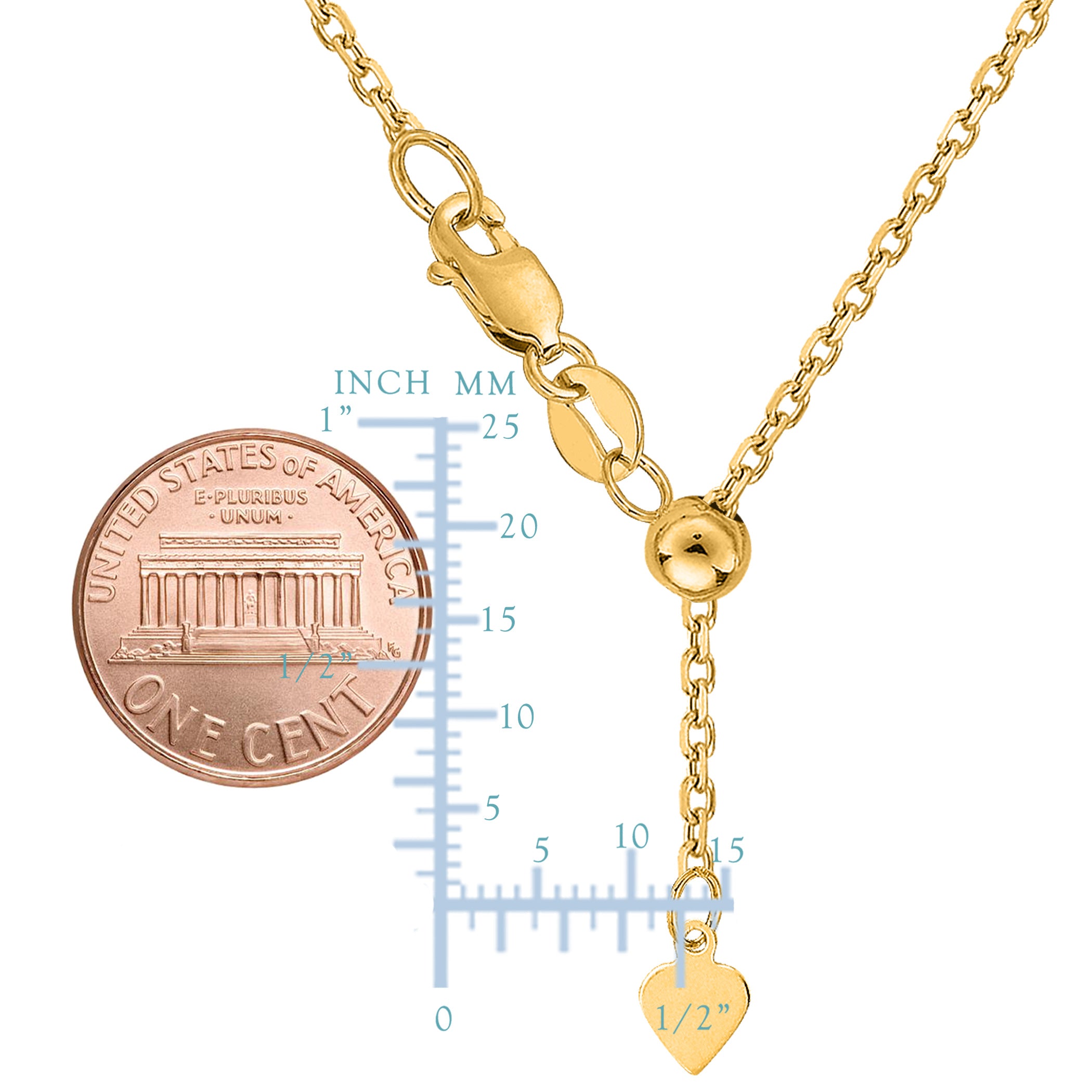 Collar de cadena tipo cable ajustable de oro amarillo de 14 k, 0,9 mm, 22 pulgadas, joyería fina de diseño para hombres y mujeres