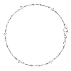 Box Chain With Heart Beads Anklet In Sterling Silver
