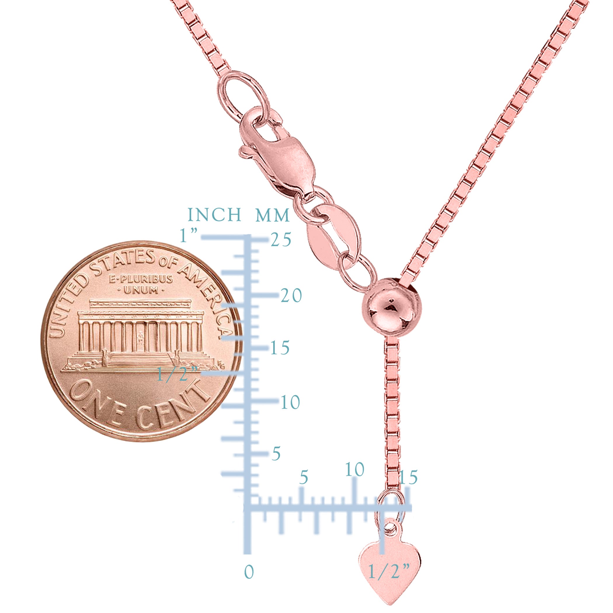 Sterling Silver Rose Tone Plated Sliding Adjustable Box Chain Necklace, 1.4mm, 22"