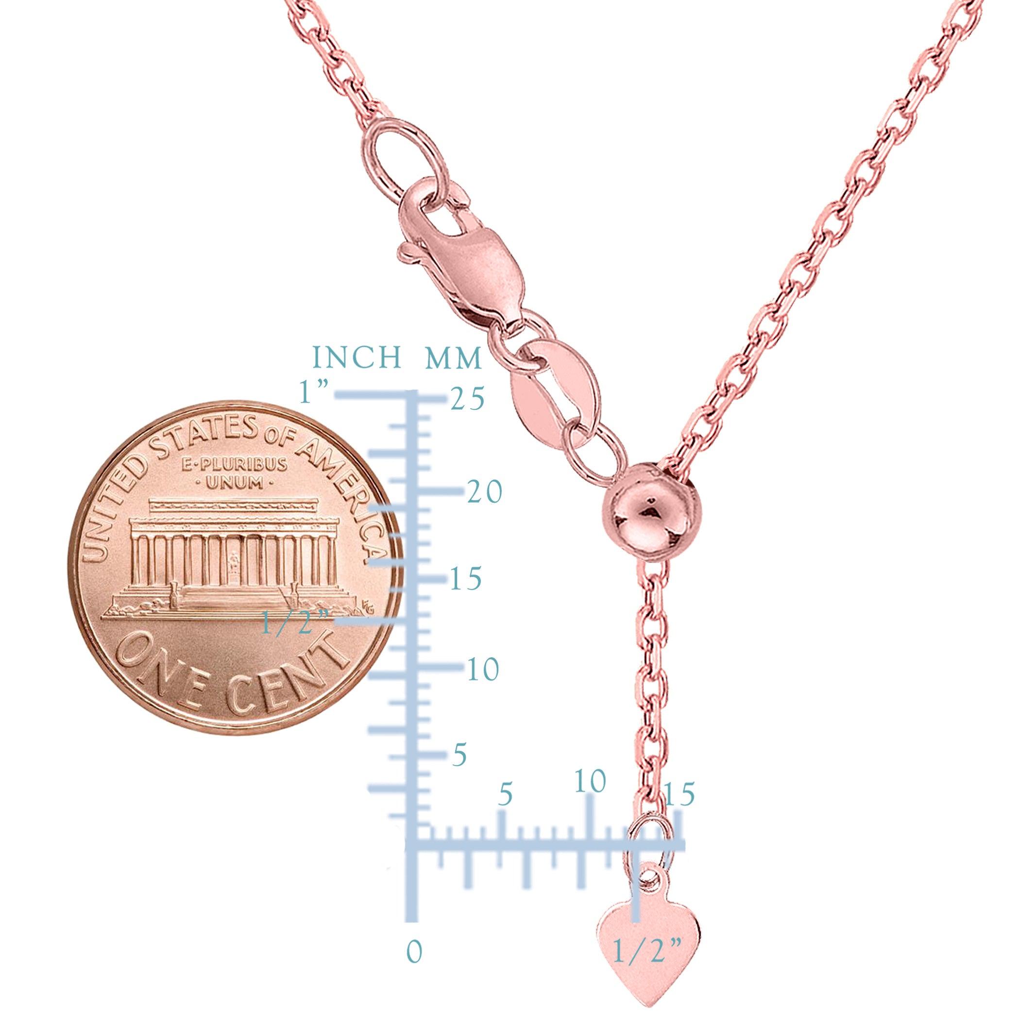 Sterling Silver Rose Tone Plated 22" Sliding Adjustable Cable Chain Necklace, 1.5mm