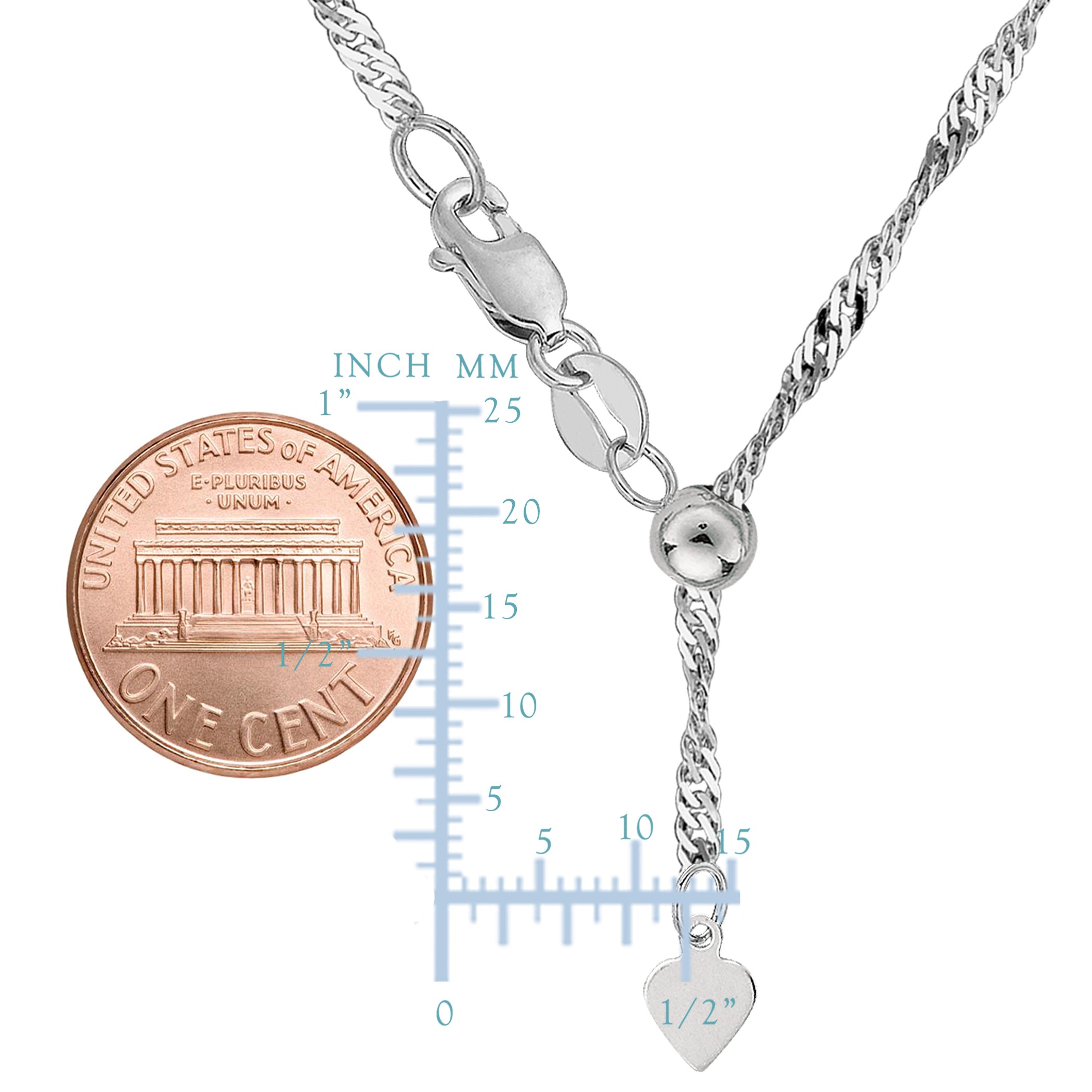 Collana a catena Singapore scorrevole regolabile da 22" in argento sterling placcato rodio, gioielli di design da 1,5 mm per uomini e donne
