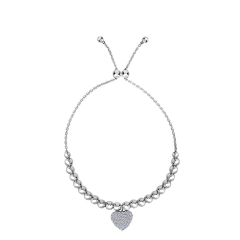 Sterling Silver Beads And CZ Heart Charm Element Adjustable Bolo Friendship Bracelet , 9.25"