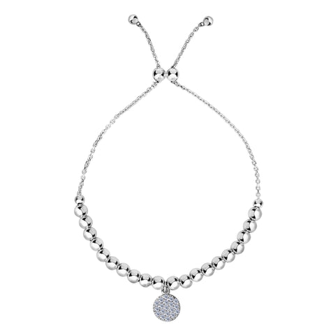 Sterling Silver Beads And CZ Charm Adjustable Bolo Friendship Bracelet , 9.25"