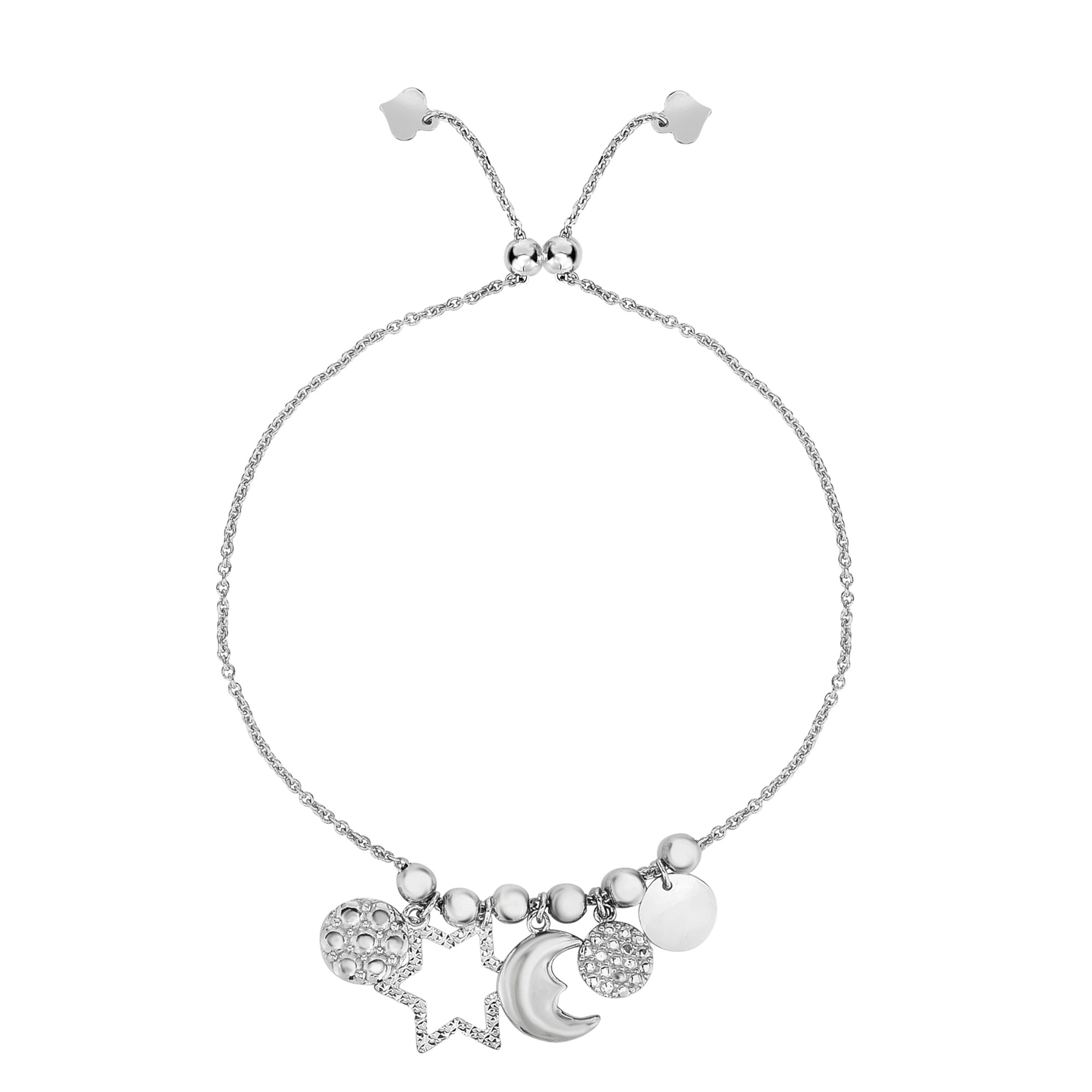 Sterling Silver Star Moon And Disc Charm Elements Adjustable Bolo Friendship Bracelet , 9.25"