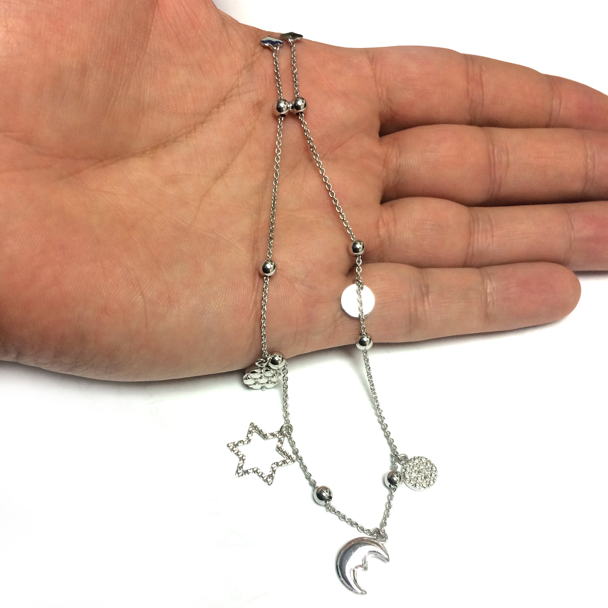Sterling Silver Star Moon And Disc Charm Elements Adjustable Bolo Friendship Bracelet , 9.25"