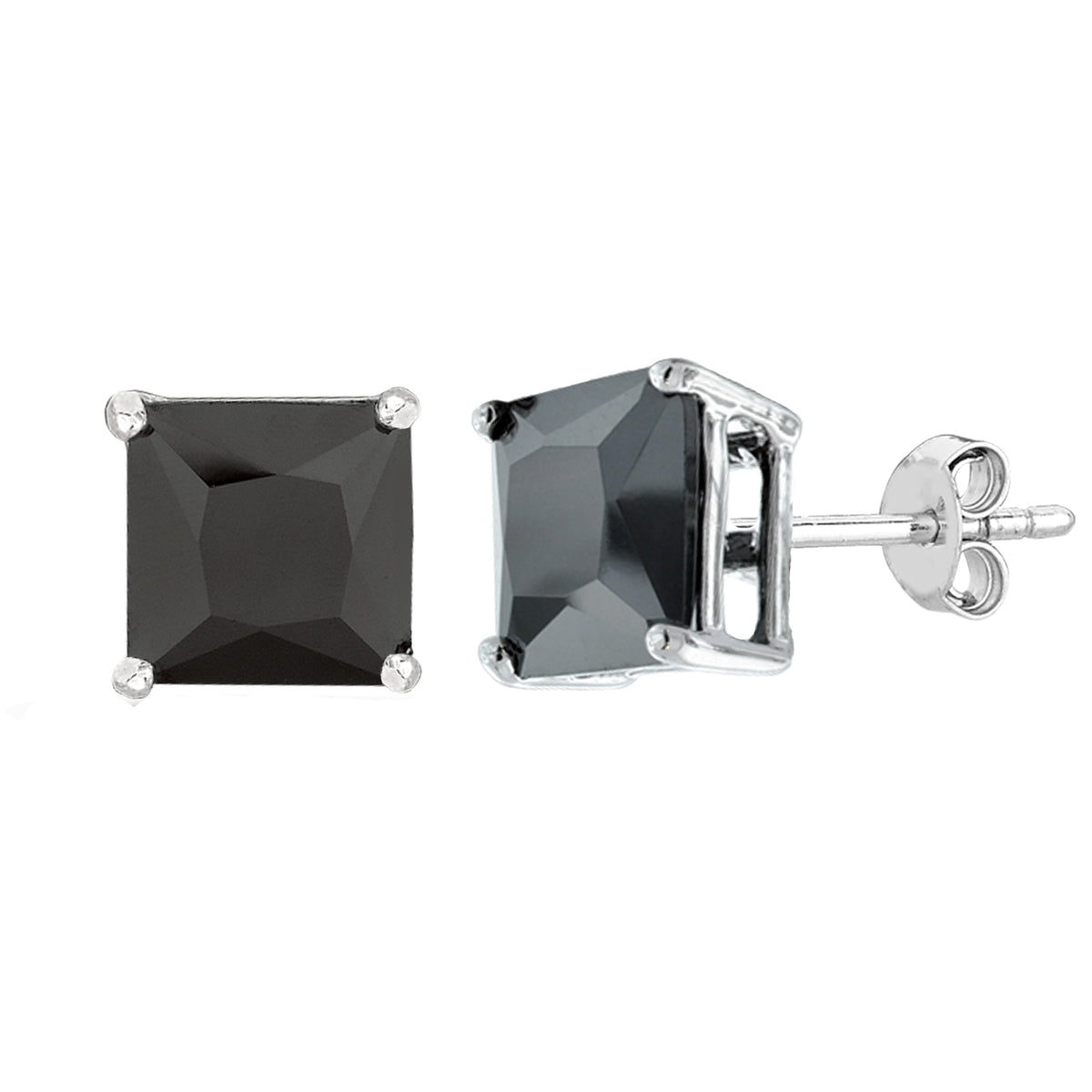 Sterling Silver Rhodium Finish Princess Cut Black Cubic Zirconia Stud örhängen fina designersmycken för män och kvinnor