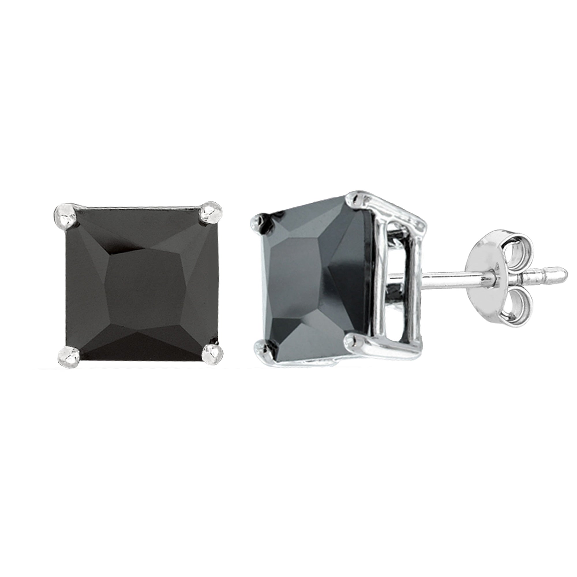 Sterling Silver Rhodium Finish Princess Cut Black Cubic Zirconia Stud Earring fine designer jewelry for men and women