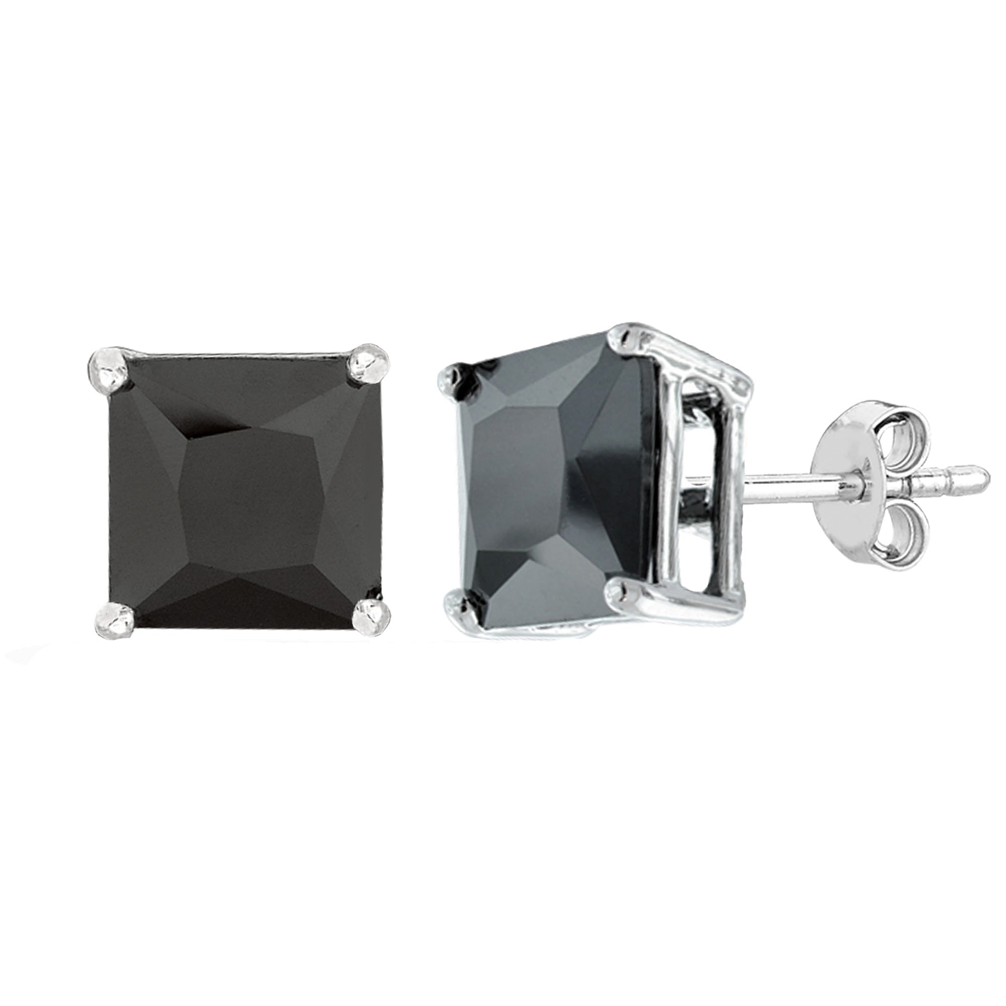 Sterling Silver Rhodium Finish Princess Cut Black Cubic Zirconia Stud Earring fine designer jewelry for men and women