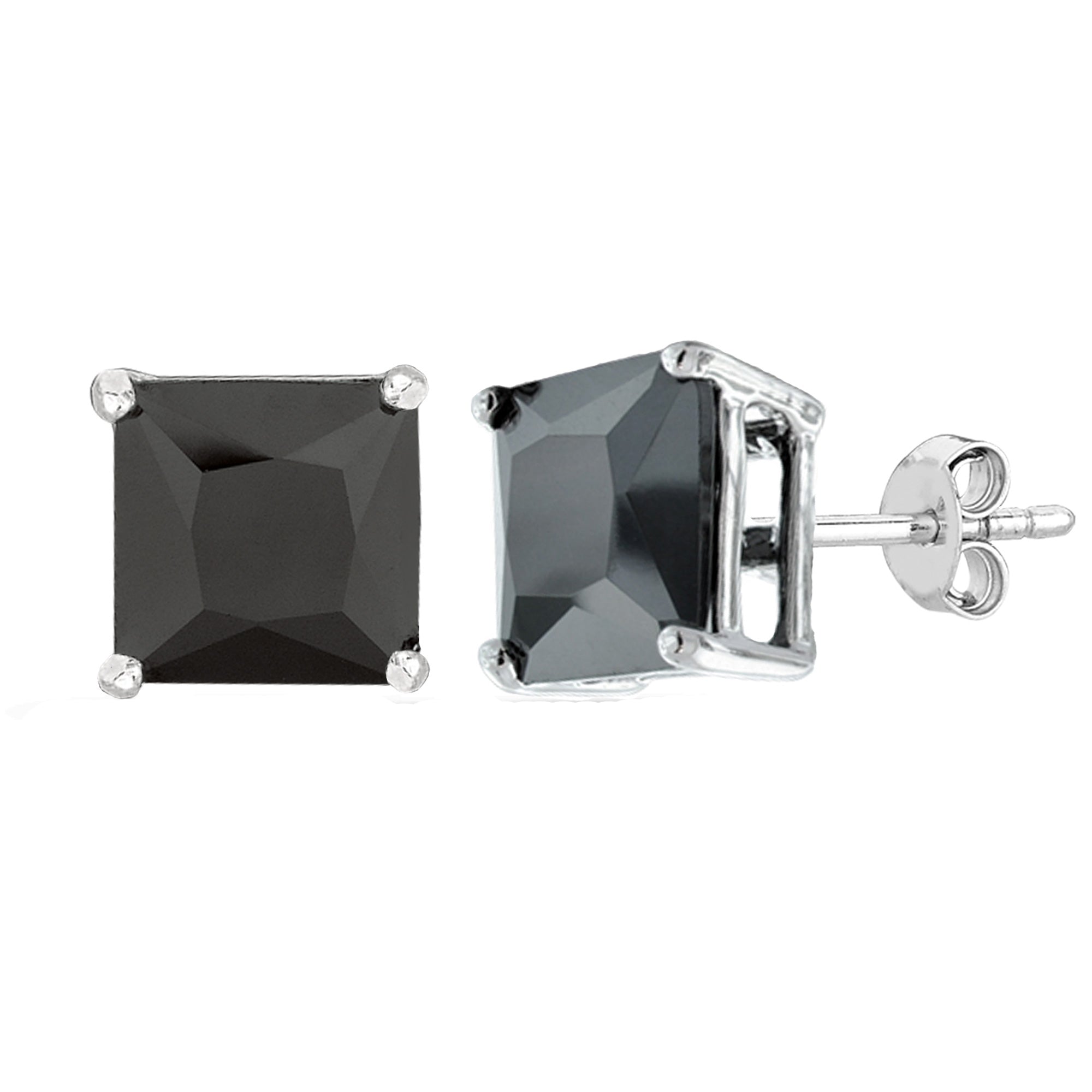 Sterling Silver Rhodium Finish Princess Cut Black Cubic Zirconia Stud Earring fine designer jewelry for men and women