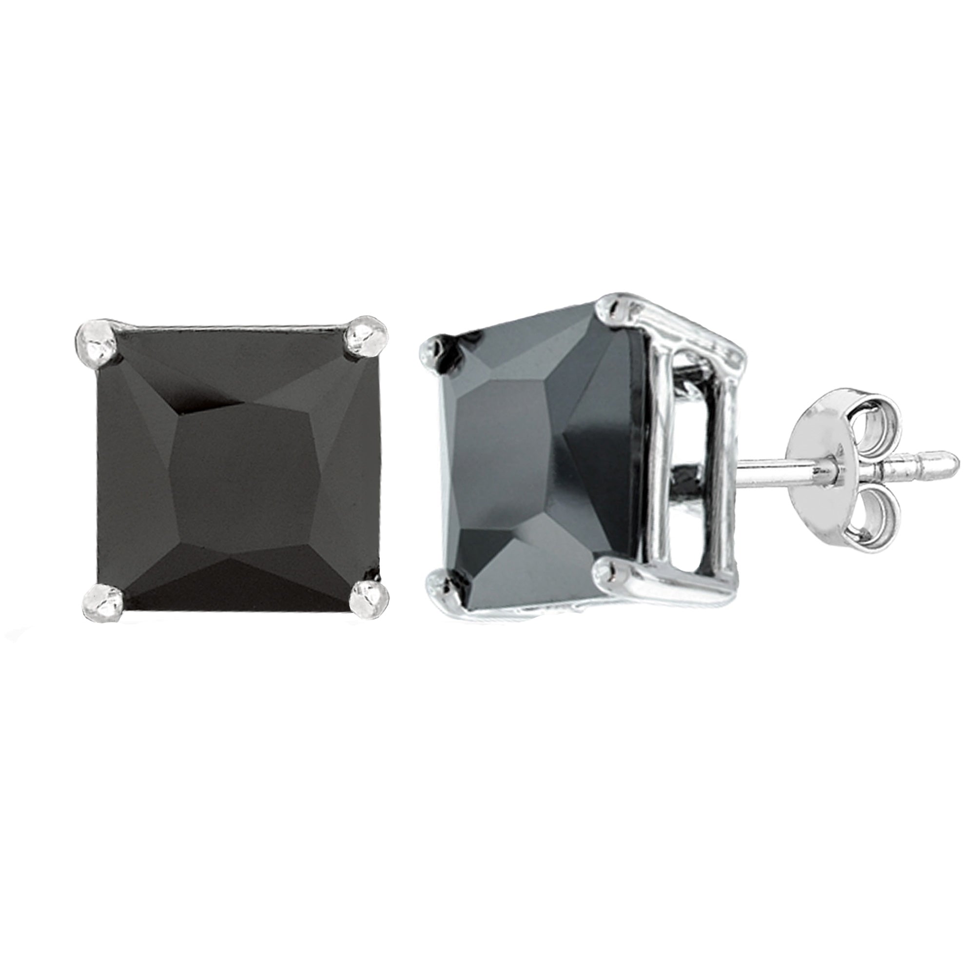 Sterling Silver Rhodium Finish Princess Cut Black Cubic Zirconia Stud Earring fine designer jewelry for men and women