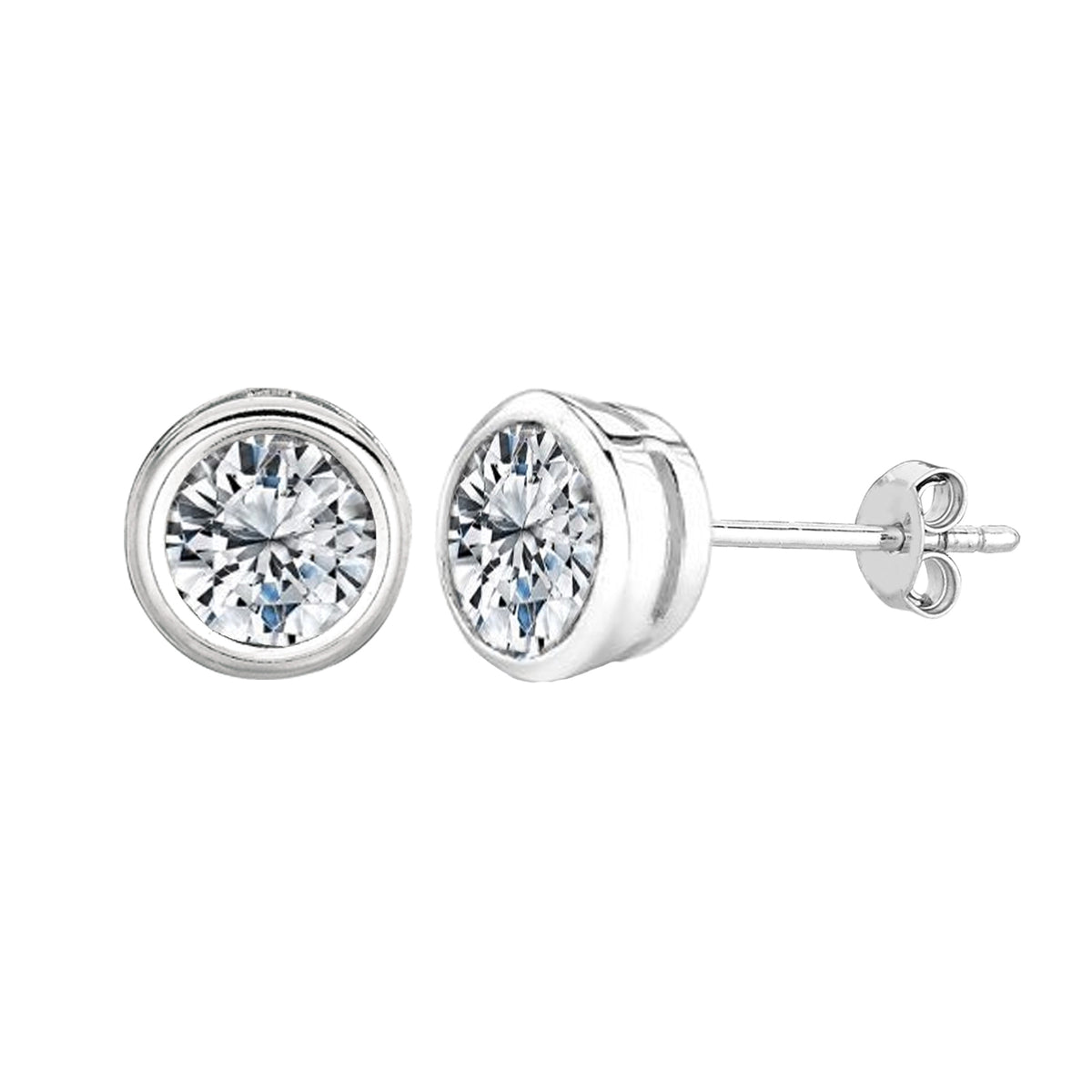 Sterling Silver Rhodium Finish Round Bezel Set Cubic Zirconia Stud Earring fine designer jewelry for men and women