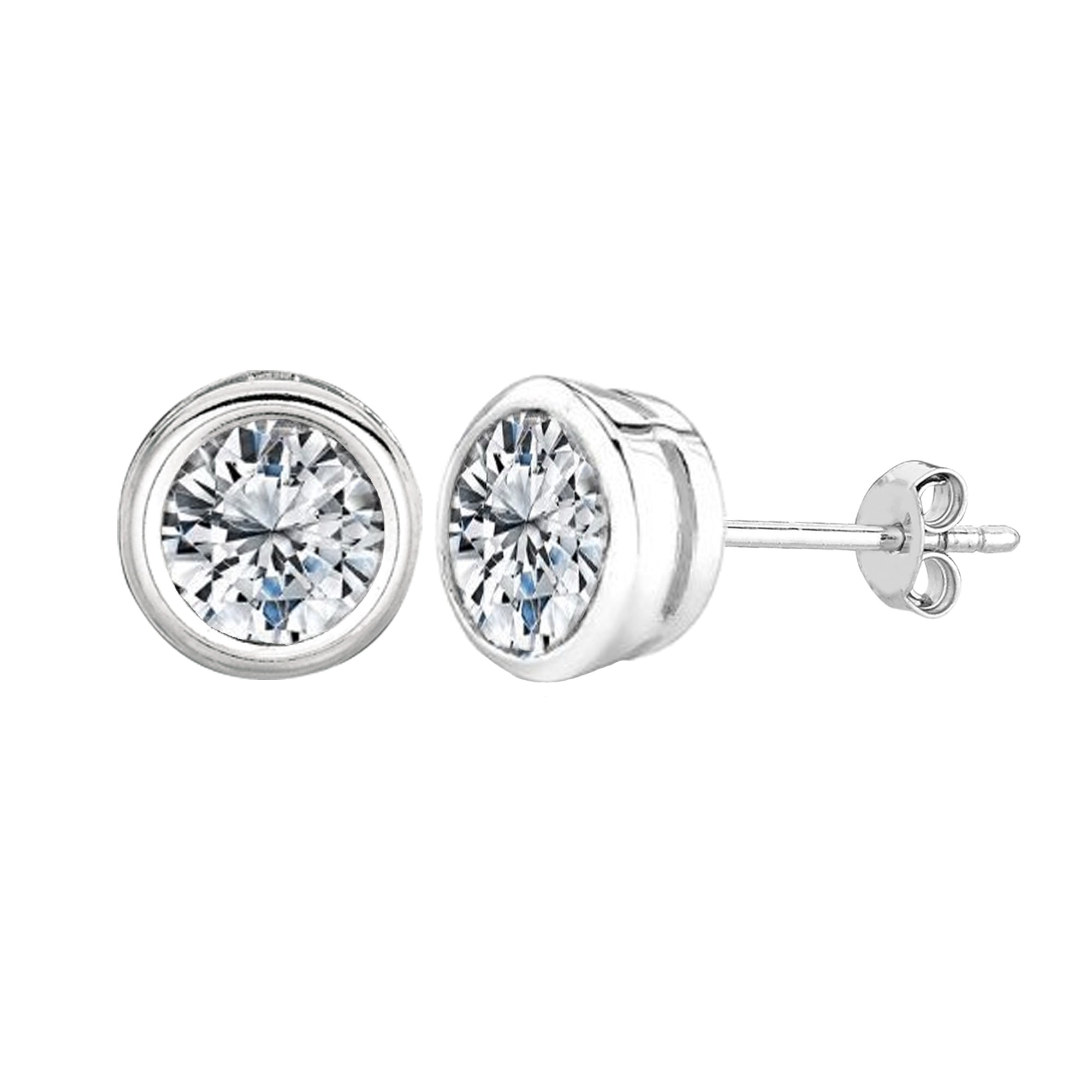 Sterling Silver Rhodium Finish Round Bezel Set Cubic Zirconia Stud Earring fine designer jewelry for men and women