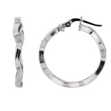 Sterling Silver With Rhodium Plated Wavy Round Hoop Earrings