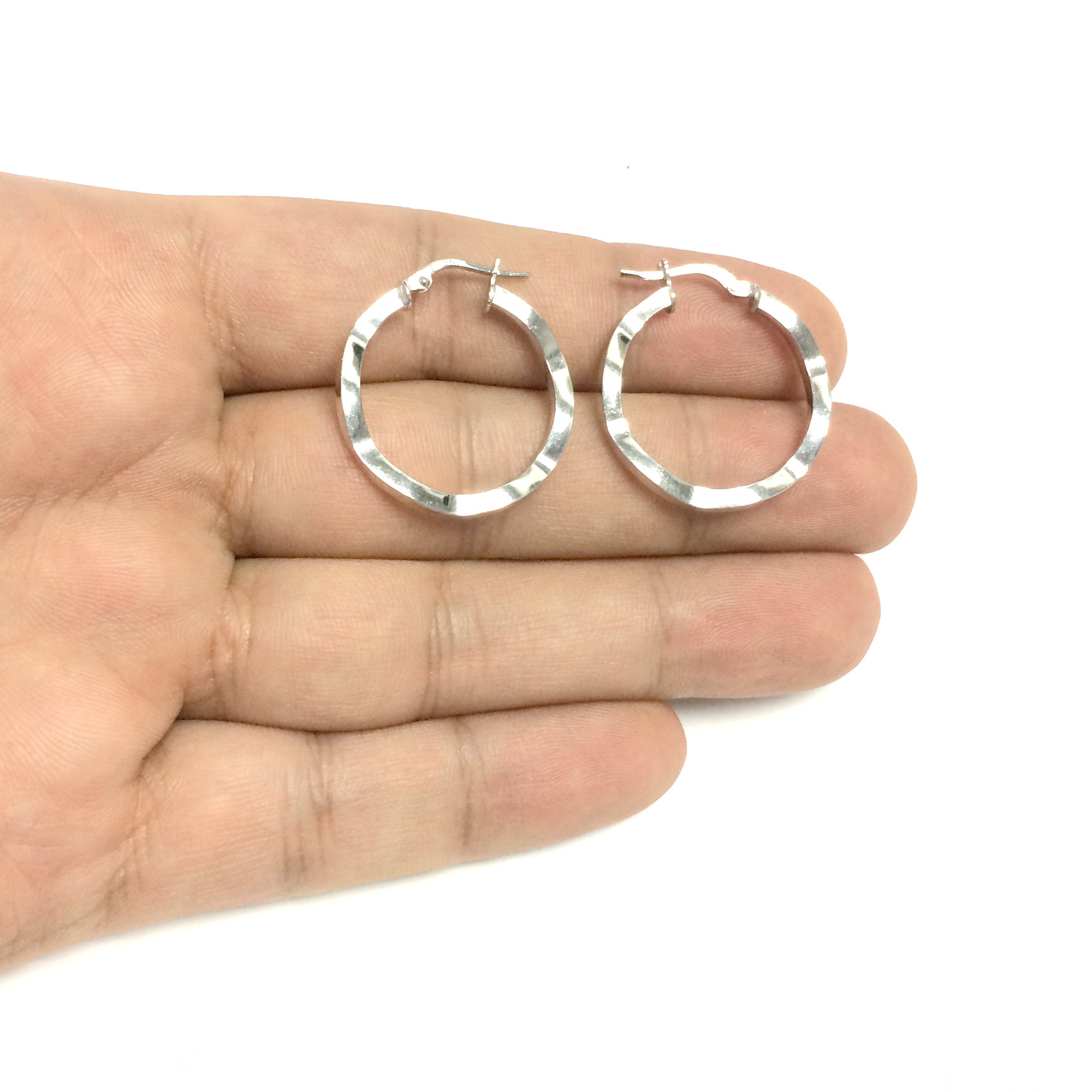 Sterling Silver With Rhodium Plated Wavy Round Hoop Earrings