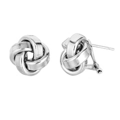 Sterling Silver Rhodium Finish 13mm Shiny Love Knot Omega Back Earrings fine designer jewelry for men and women