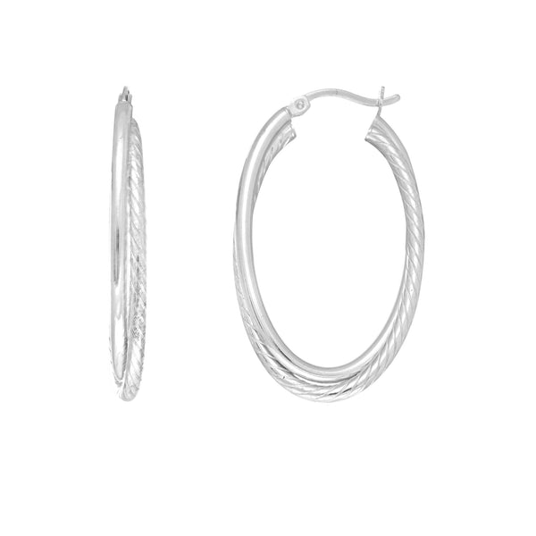 Sterling Silver Rhodium Plated Twisted Tube Oval Hoop Earrings, Diameter 35mm