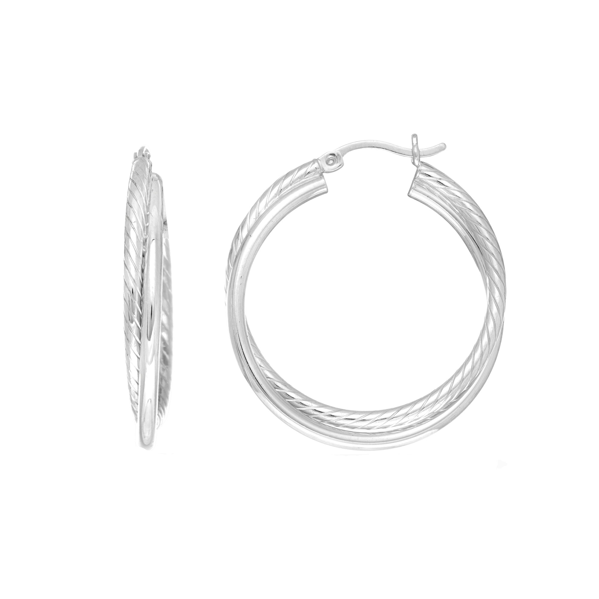 Sterling Silver Rhodium Pläterade Twisted Tube Round Hoop Örhängen, diameter 30 mm fina designersmycken för män och kvinnor