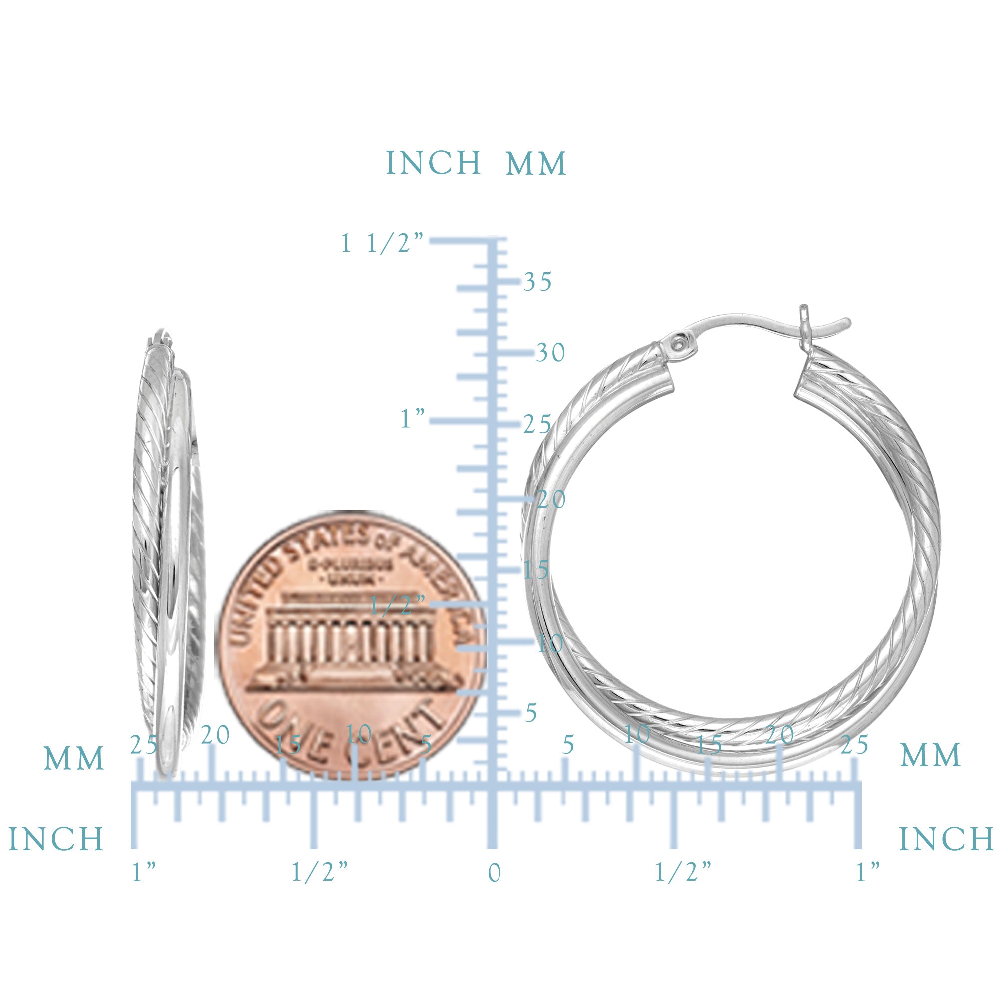 Sterling sølv rhodiumbelagt vridd rør øredobber med runde bøyler, diameter 30 mm fine designersmykker for menn og kvinner