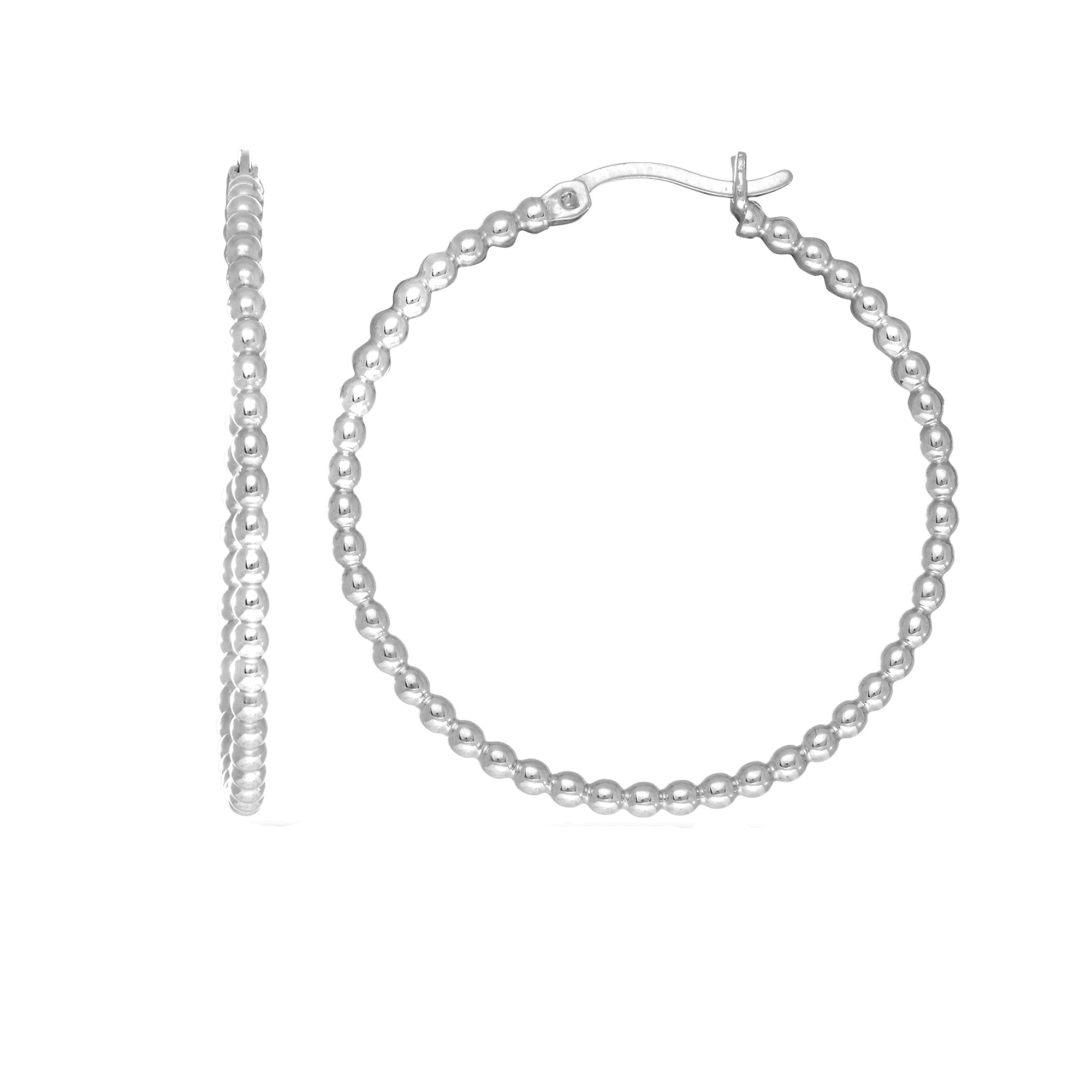 Sterling Silver Rhodium Plated Beaded Tube Round Hoop Earrings fine designer jewelry for men and women