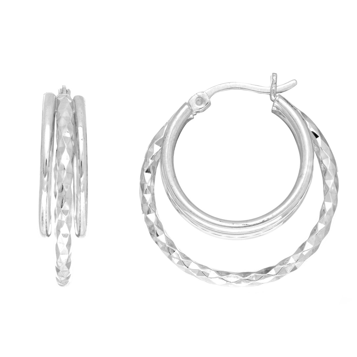 Sterling sølv rhodiumbelagt dobbel åpen sirkel med rund bøyle øredobber, diameter 25 mm fine designersmykker for menn og kvinner