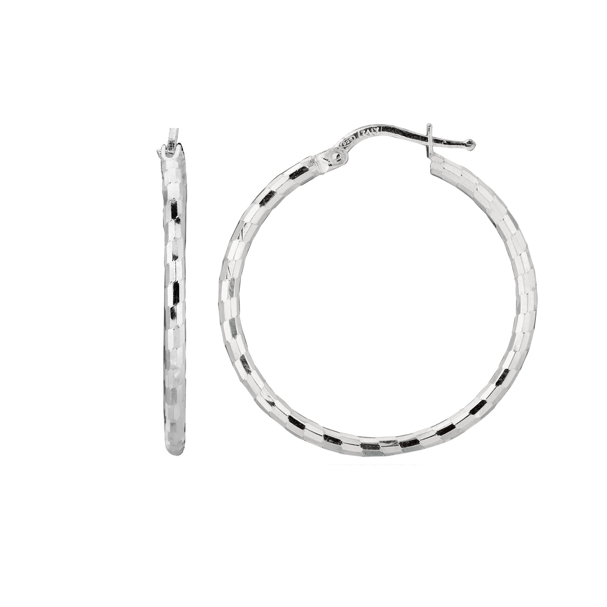 Sterling Silver With Rhodium Plated Shiny Diamond Cut Finish Round Hoop Earrings