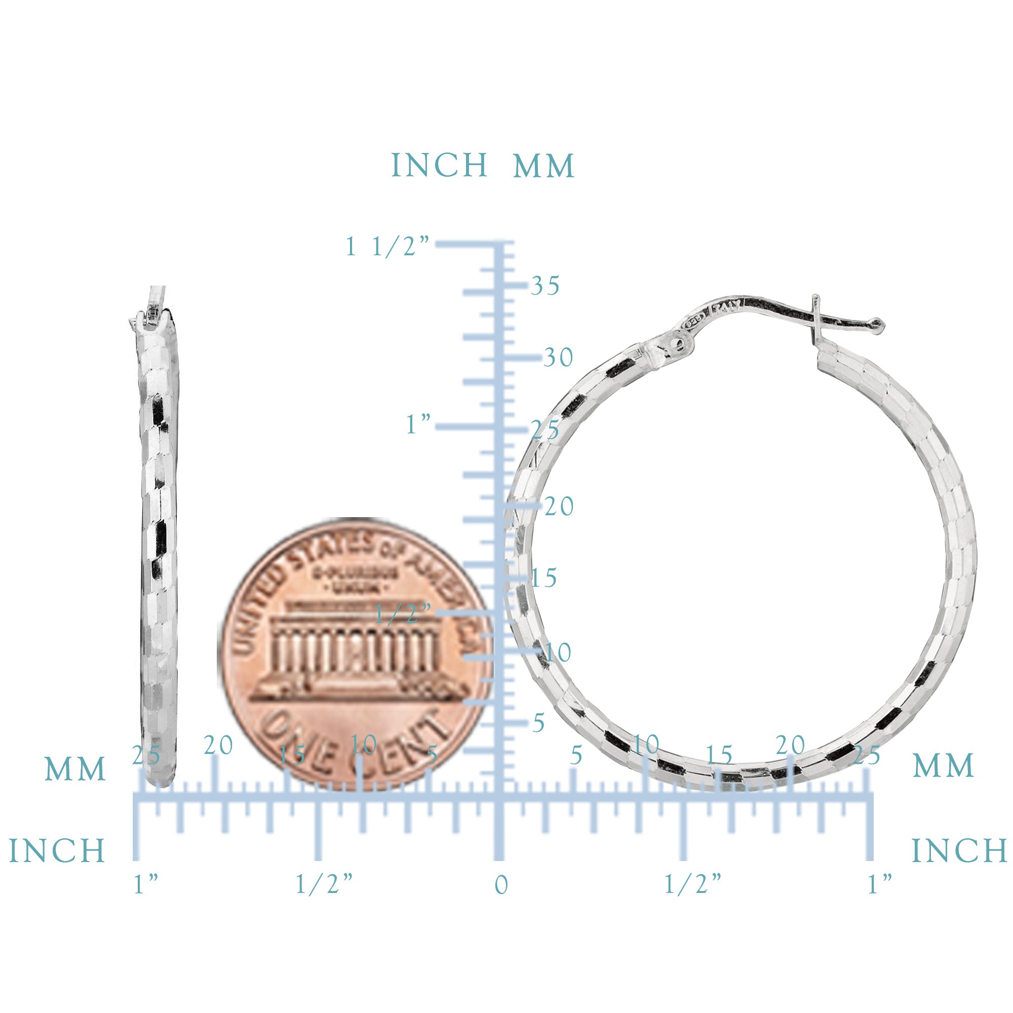Sterling Silver With Rhodium Plated Shiny Diamond Cut Finish Round Hoop Earrings