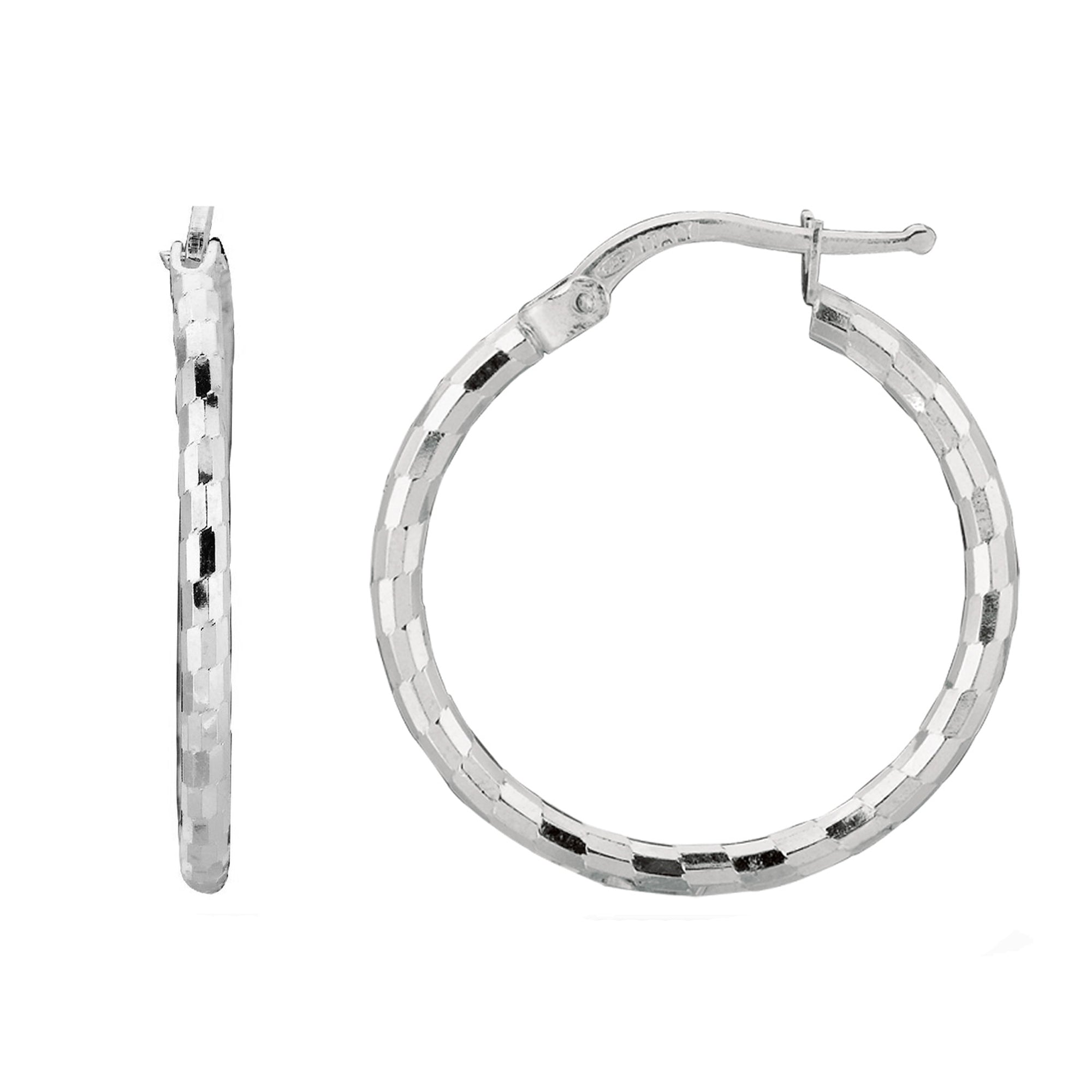 Sterling Silver With Rhodium Plated Shiny Diamond Cut Finish Round Hoop Earrings
