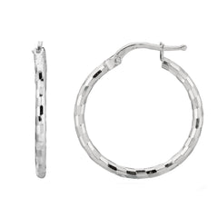 Sterling Silver With Rhodium Plated Shiny Diamond Cut Finish Round Hoop Earrings