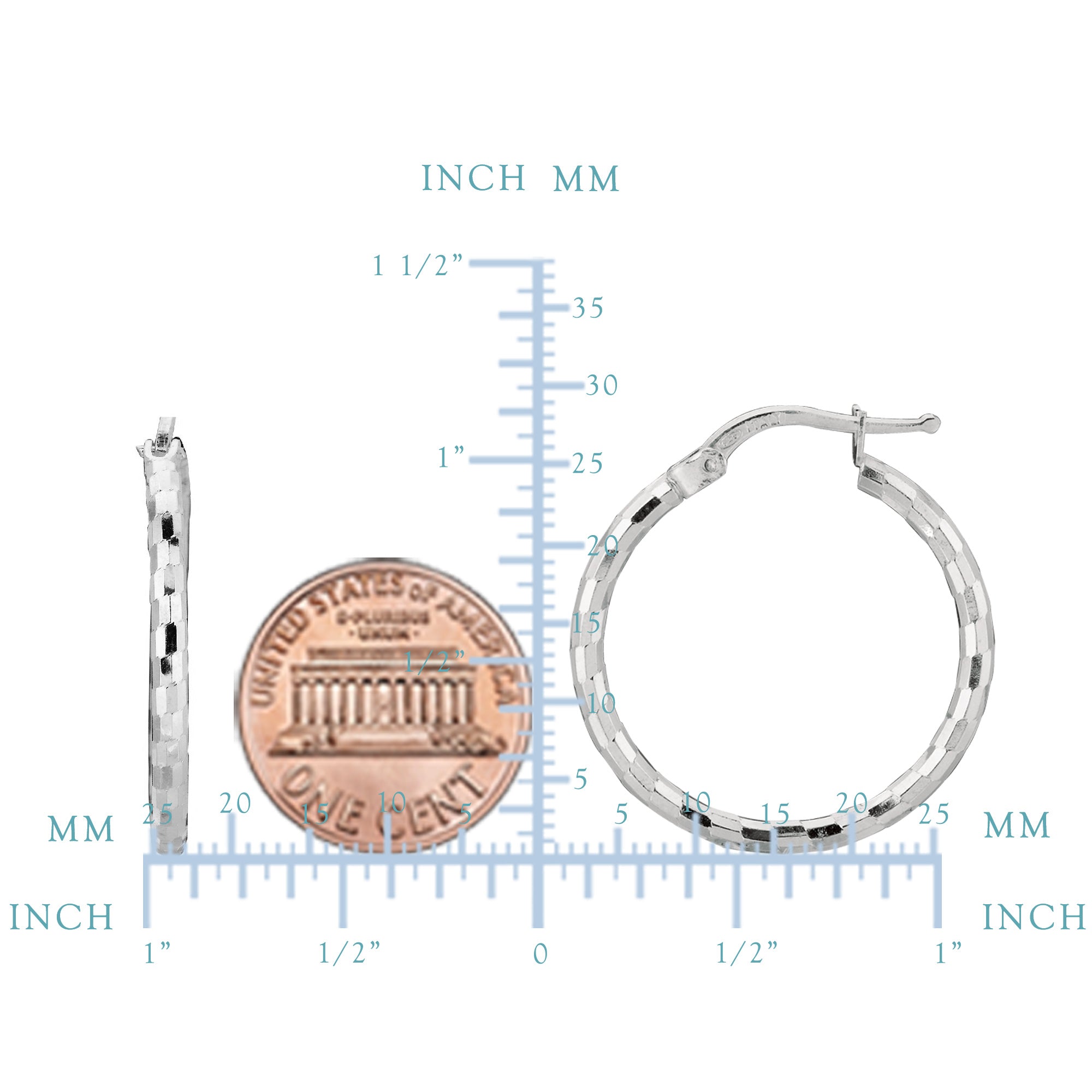 Sterling Silver With Rhodium Plated Shiny Diamond Cut Finish Round Hoop Earrings