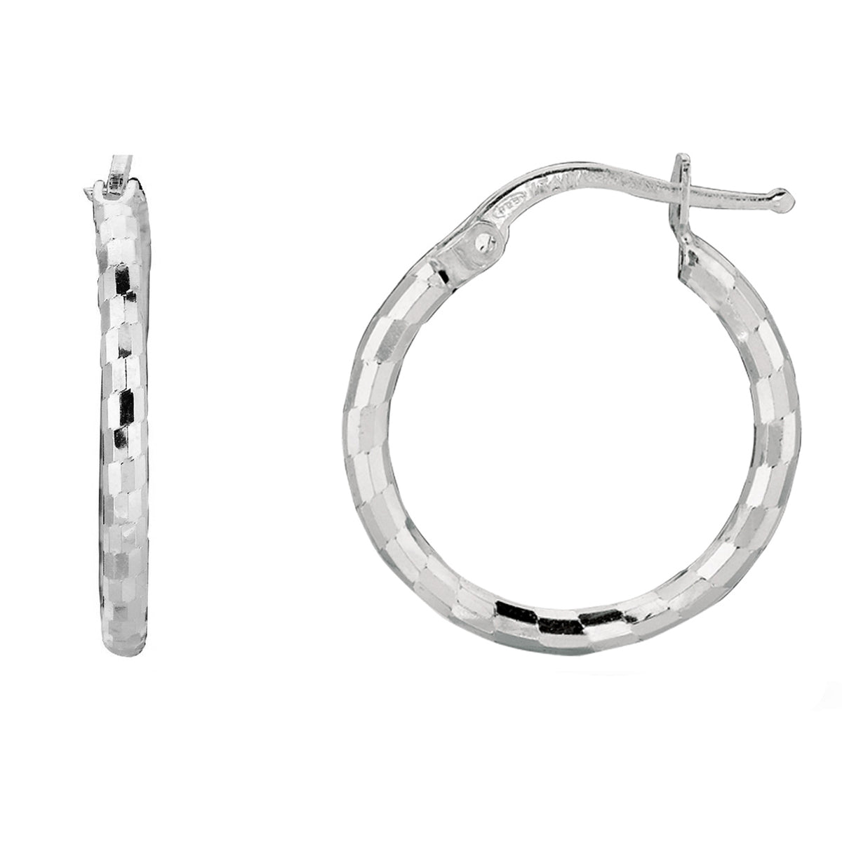 Sterling Silver With Rhodium Plated Shiny Diamond Cut Finish Round Hoop Earrings fine designer jewelry for men and women