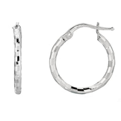 Sterling Silver With Rhodium Plated Shiny Diamond Cut Finish Round Hoop Earrings