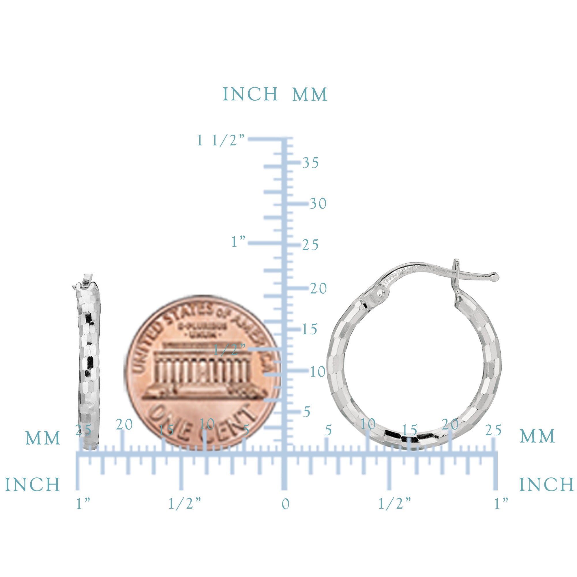 Sterling Silver With Rhodium Plated Shiny Diamond Cut Finish Round Hoop Earrings