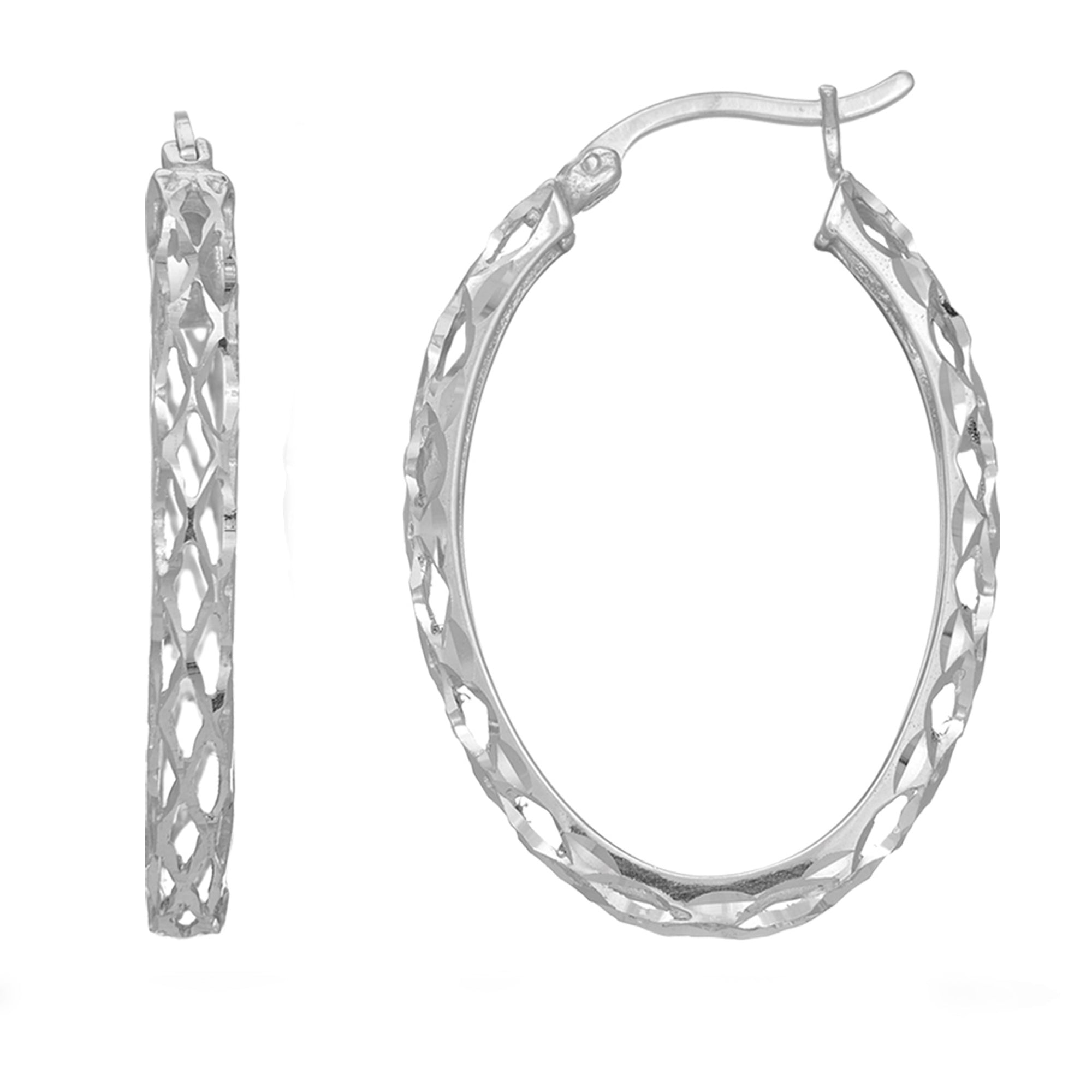 Sterling Silver Diamond Cut Weaved Oval Hoop Örhängen, Diameter 30 mm fina designersmycken för män och kvinnor